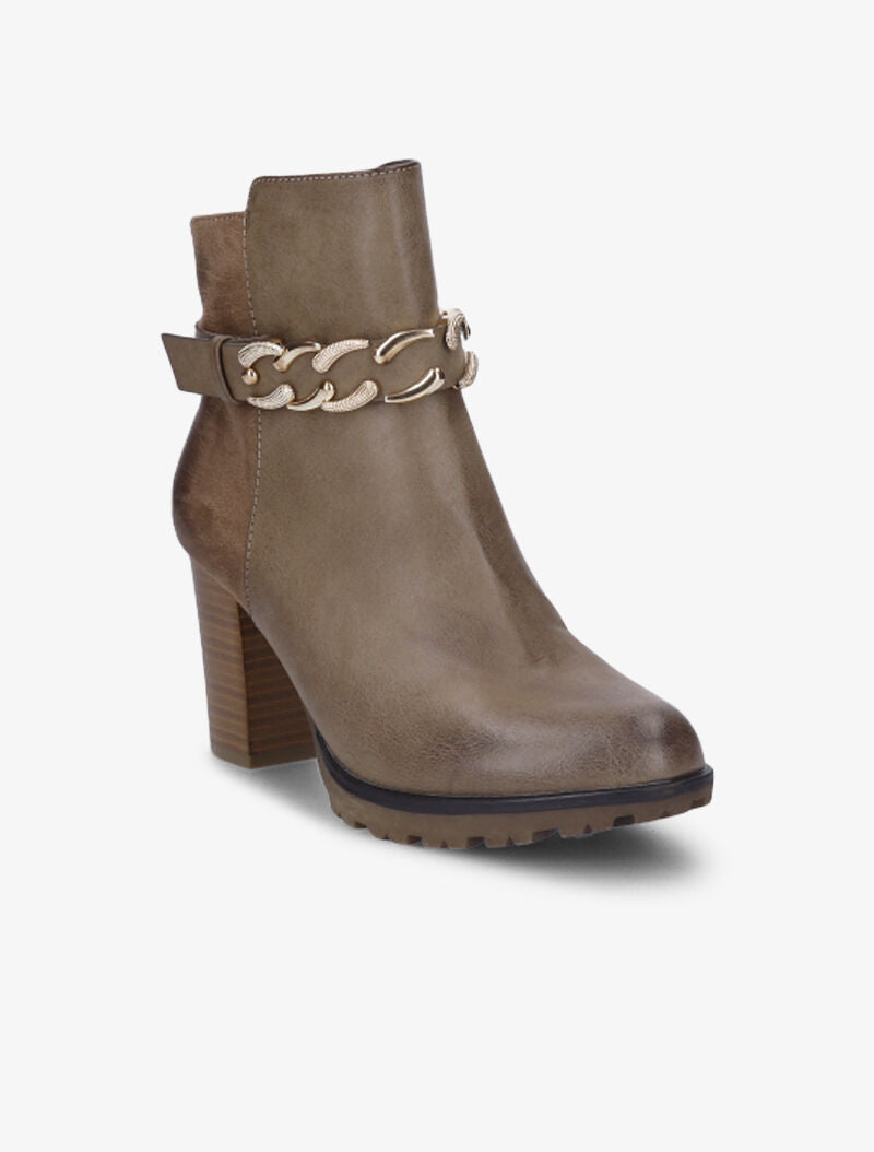 Bottines fourrées bi-matière à sangle à détail chaîne - Taupe - 2