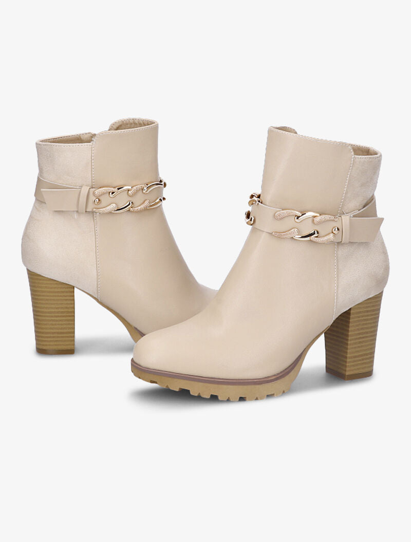 Bottines fourrées bi-matière à sangle à détail chaîne - Beige - 1