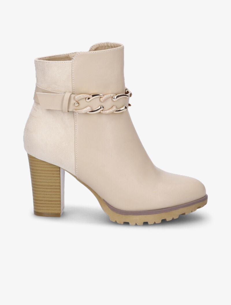Bottines fourrées bi-matière à sangle à détail chaîne - Beige - 2