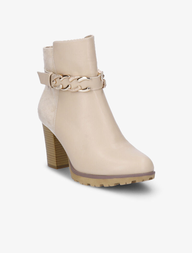 Bottines fourrées bi-matière à sangle à détail chaîne - Beige - 3