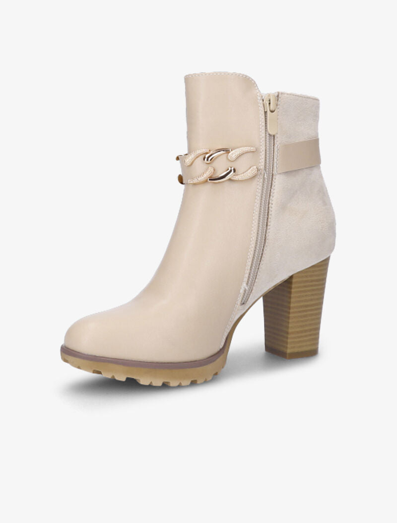 Bottines fourrées bi-matière à sangle à détail chaîne - Beige - 4