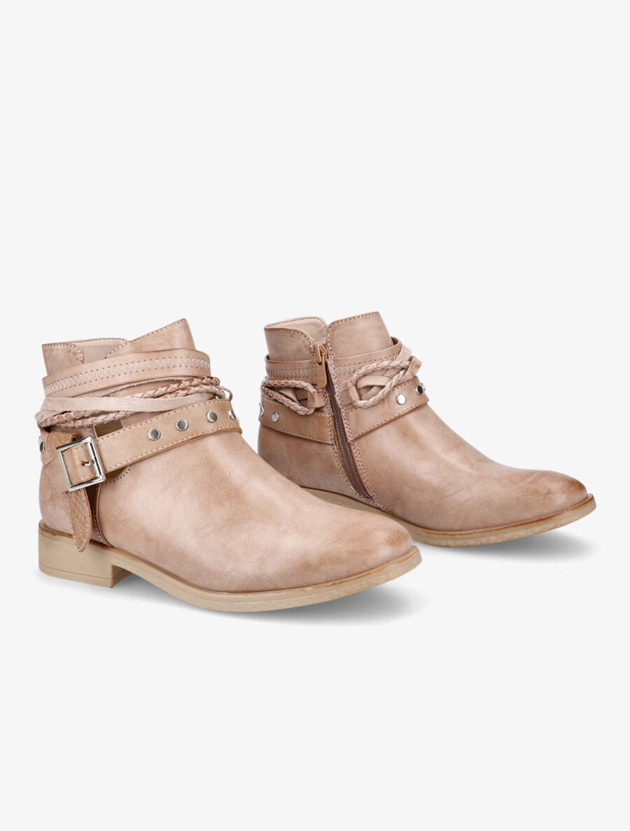 Bottines à sangles cloutées et tressées - Camel - 4