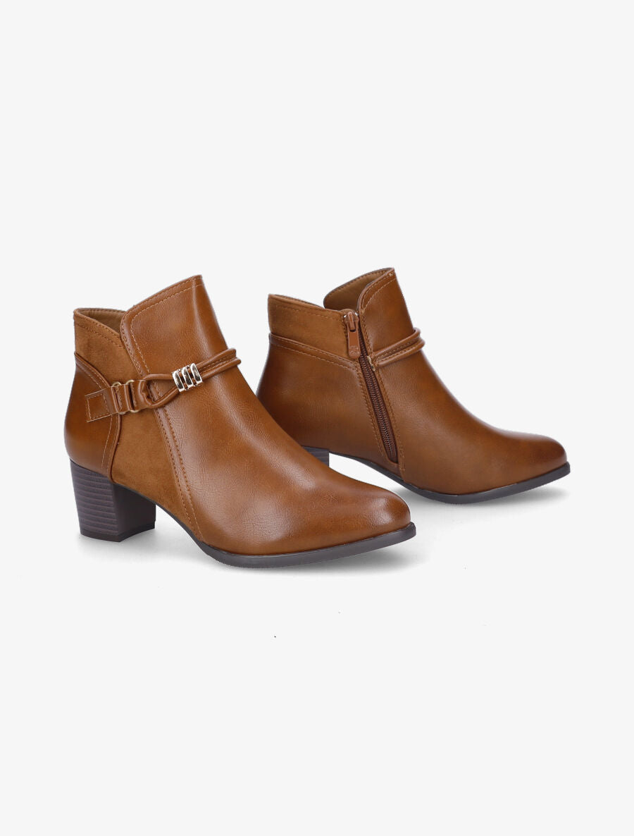 Bottines en simili et suédine à contrefort stylisé - Camel - 4