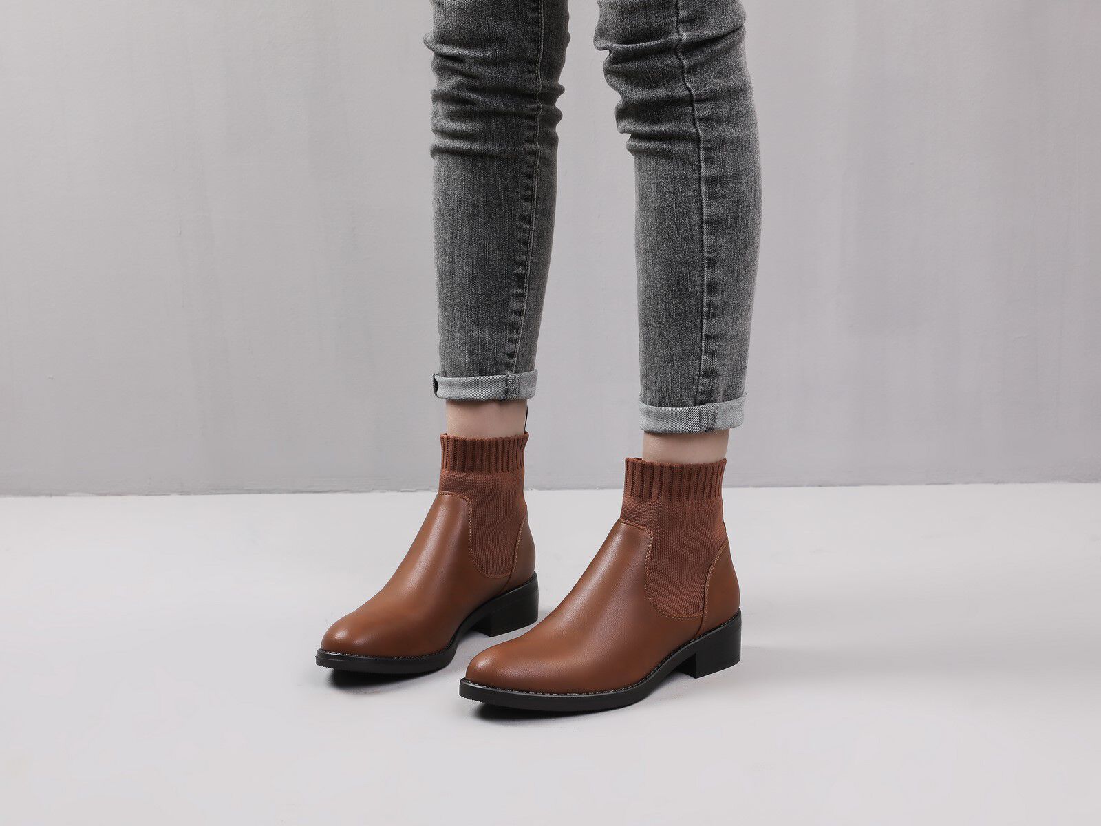 Bottines bi-matière style chaussette - Camel - 5