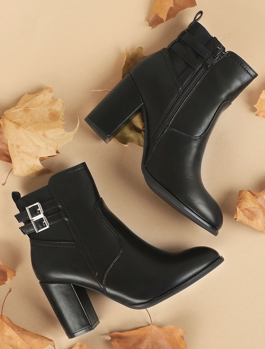 Bottines à talon et boucles en simili - Noir - 1