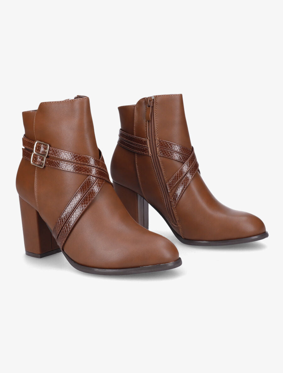 Bottines à talon et sangles croisées - Camel - 4