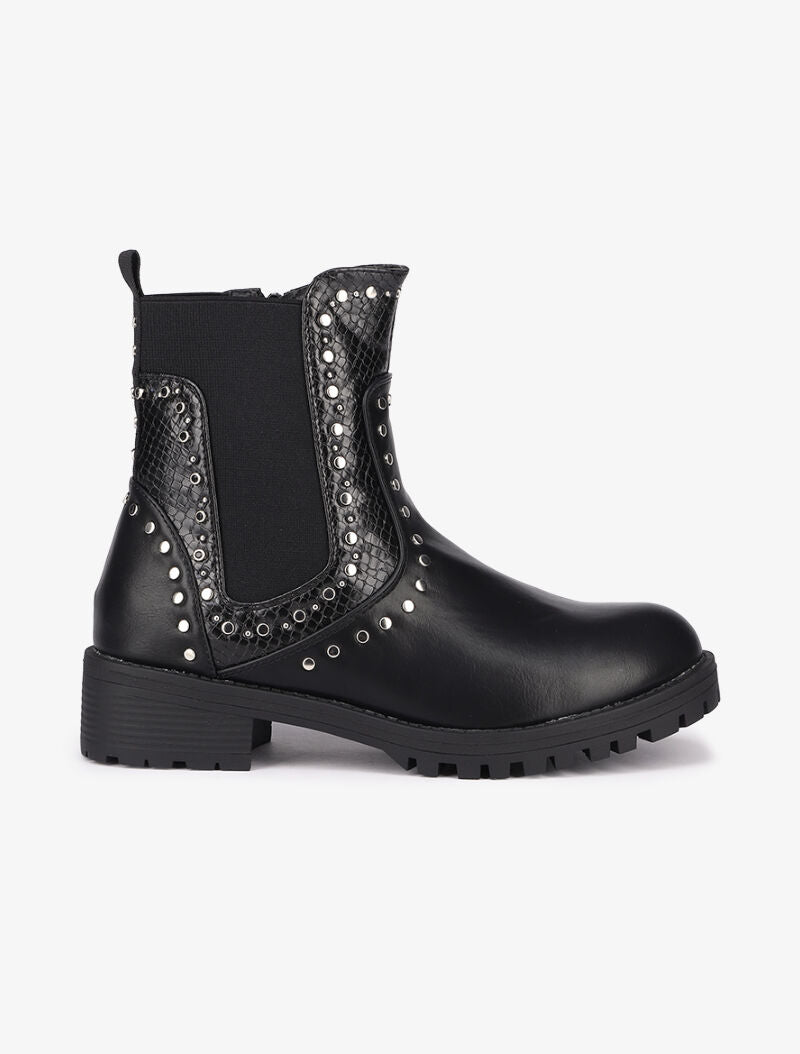 Bottines en simili à détails croco ornées de clous - Noir - 2