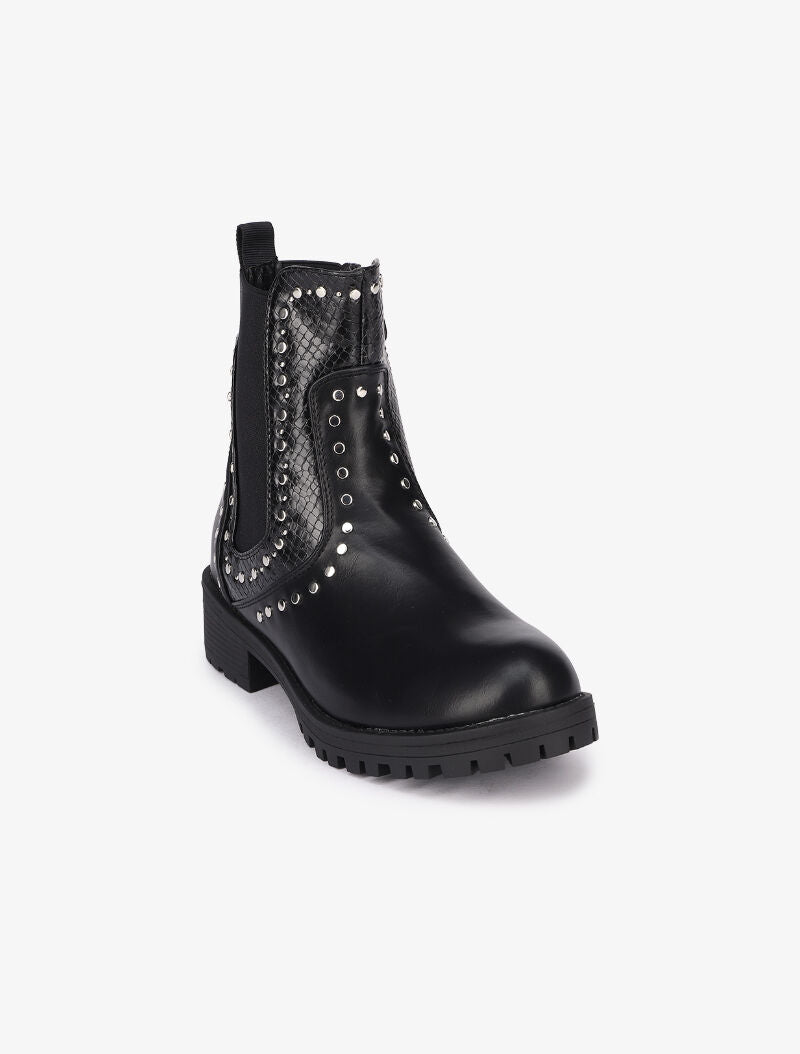 Bottines en simili à détails croco ornées de clous - Noir - 3