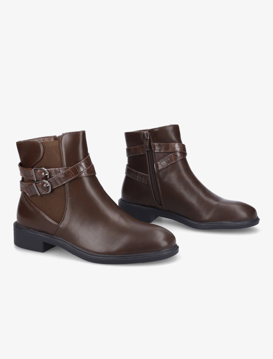 Bottines élastiquées à sangles effet croco - Marron - 4