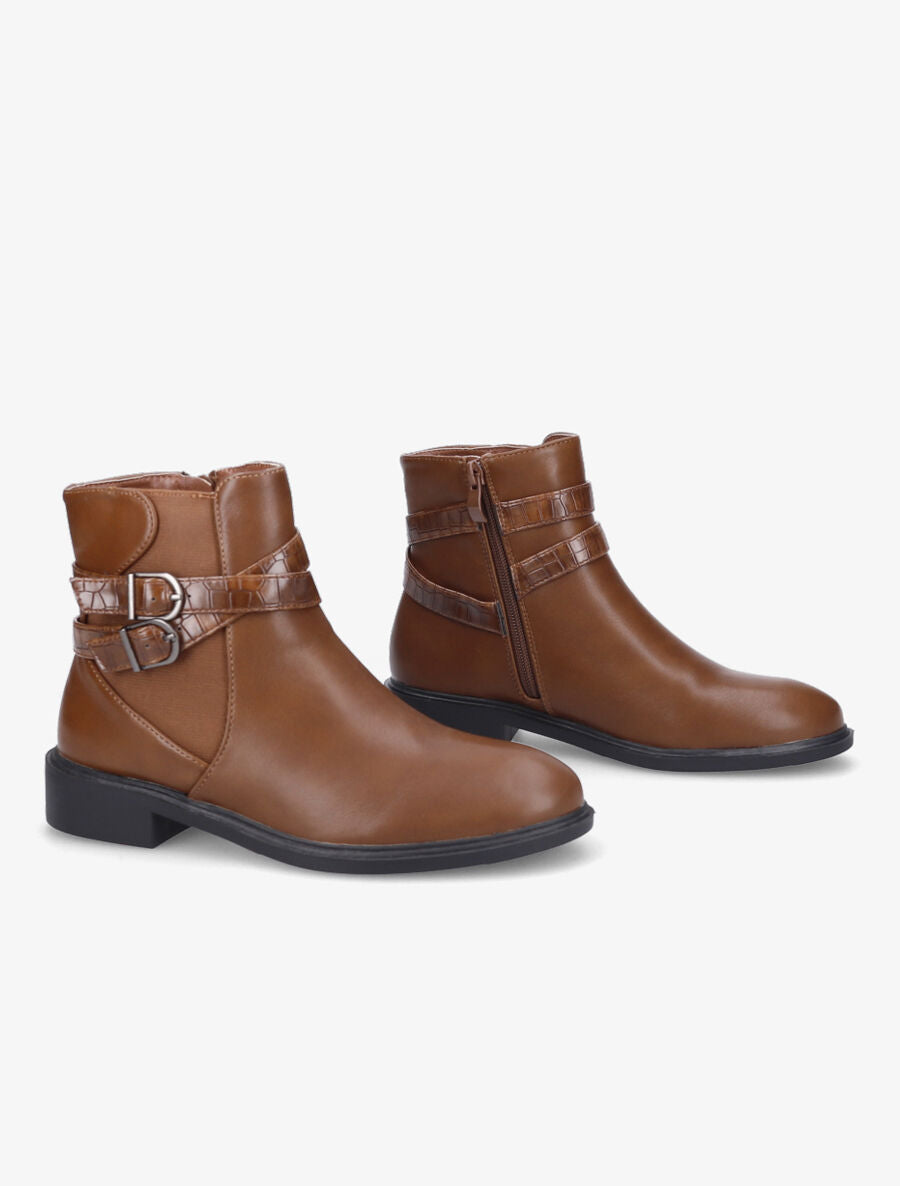Bottines élastiquées à sangles effet croco - Camel - 4