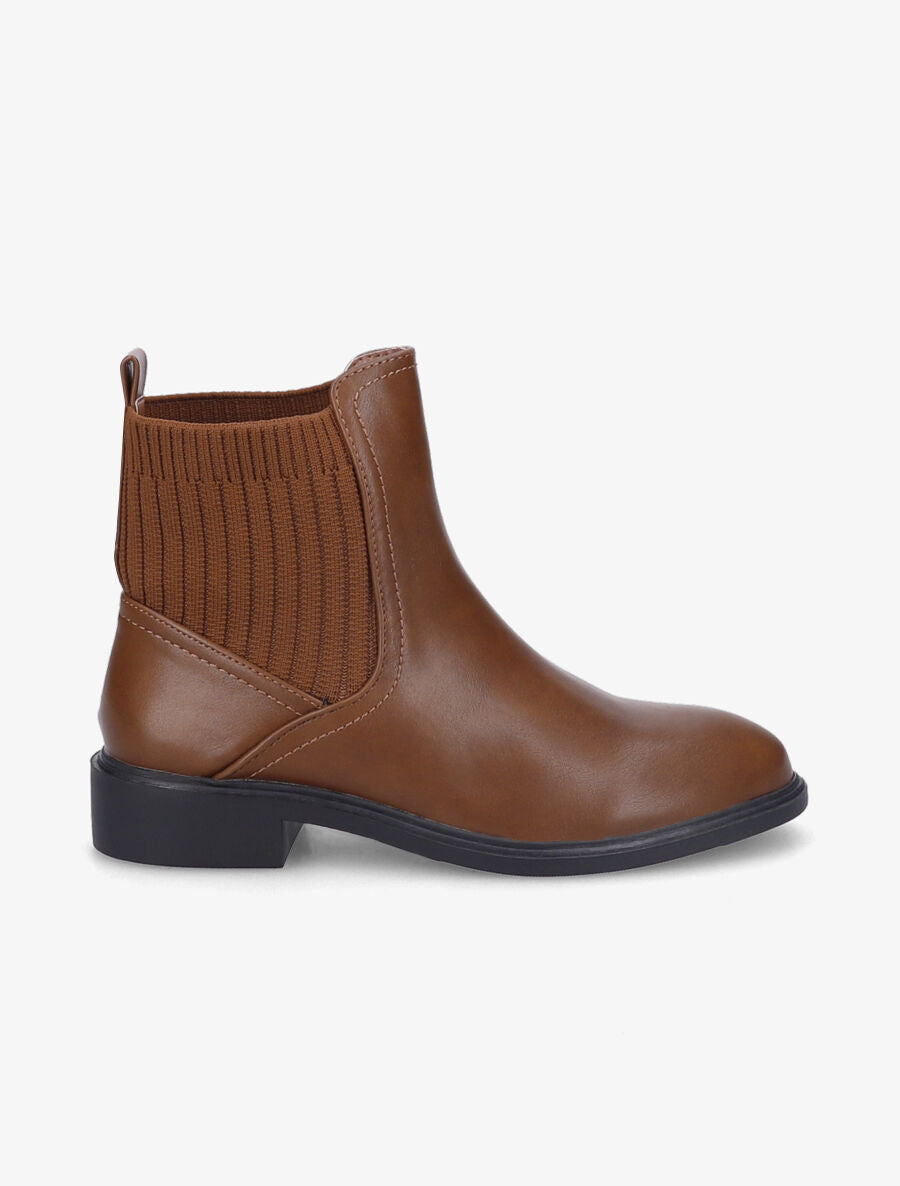 Bottines plates en simili et tissu côtelé - Camel - 1