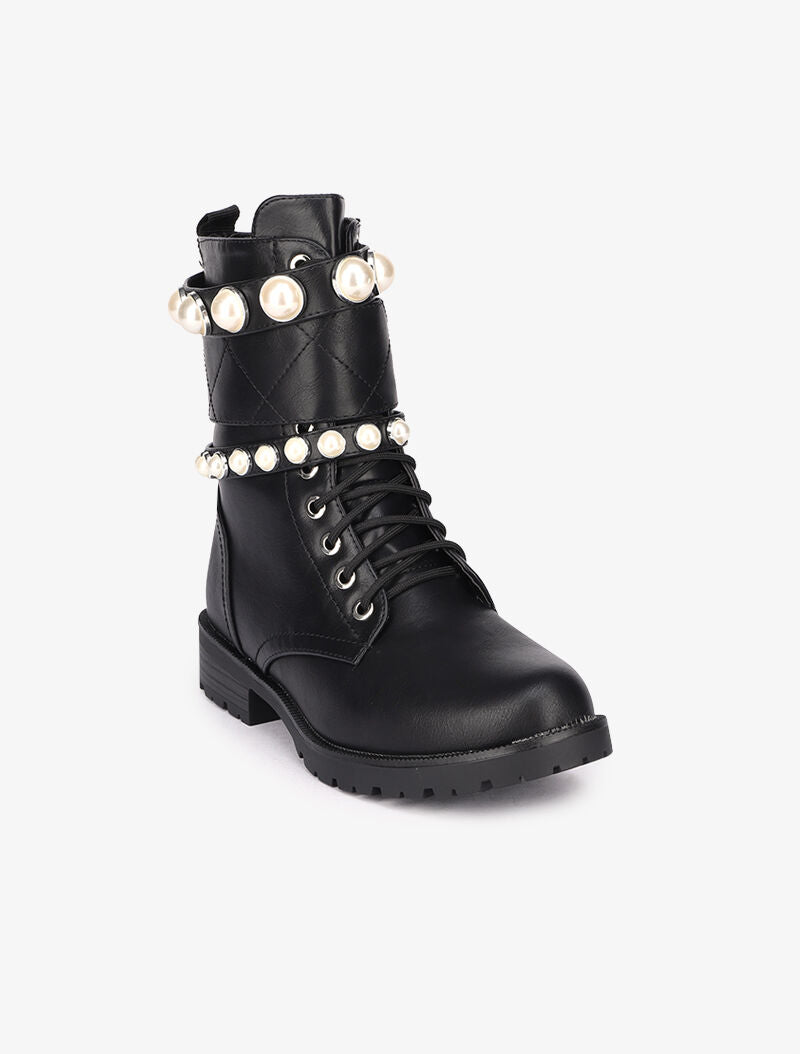 Bottines en simili à brides perlées - Noir - 3