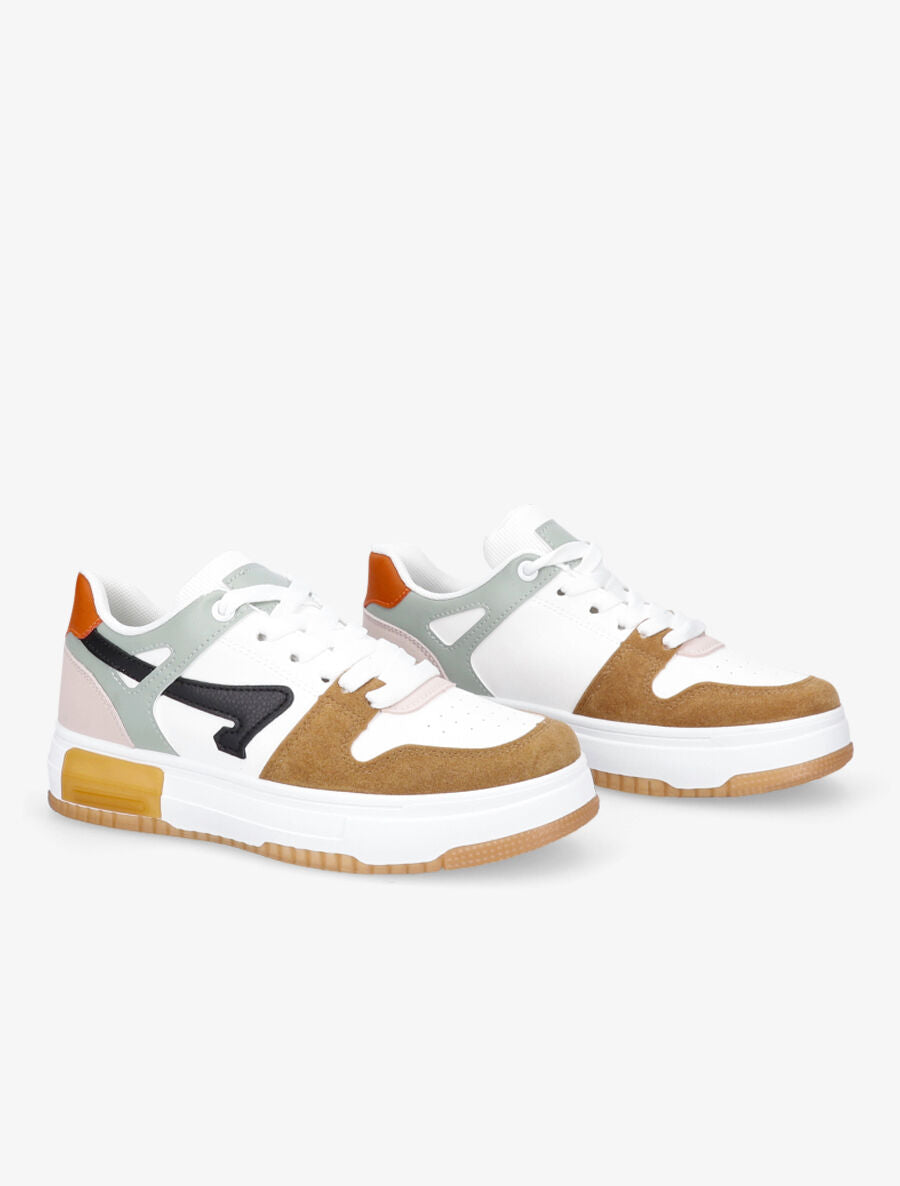 Sneakers en simili à bandes contrastantes - Camel - 4