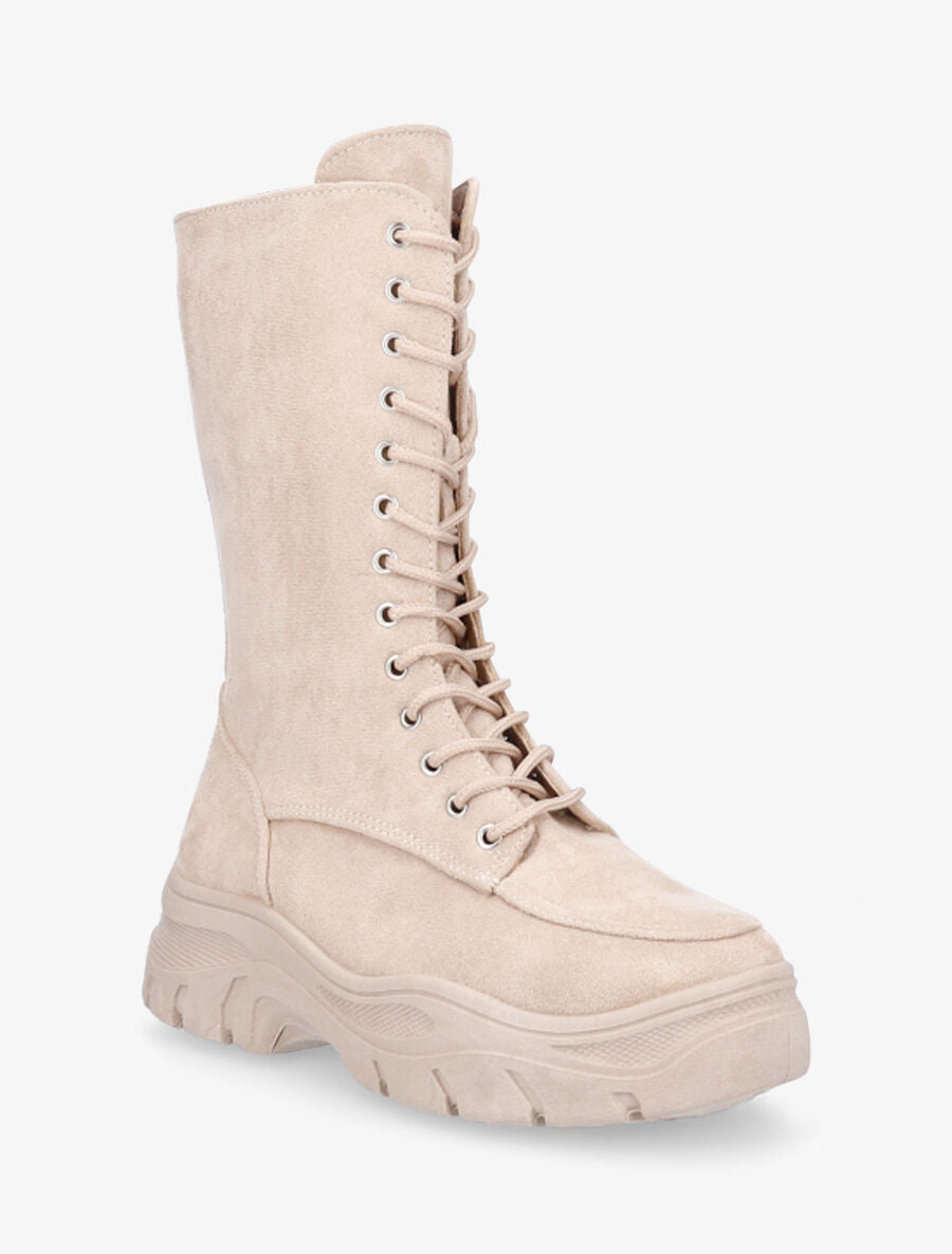 Boots montantes lacées en suédine - Beige - 2