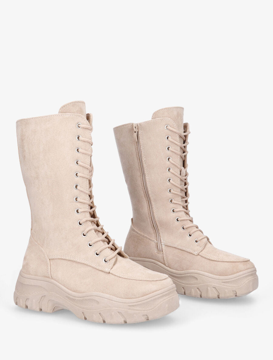 Boots montantes lacées en suédine - Beige - 4