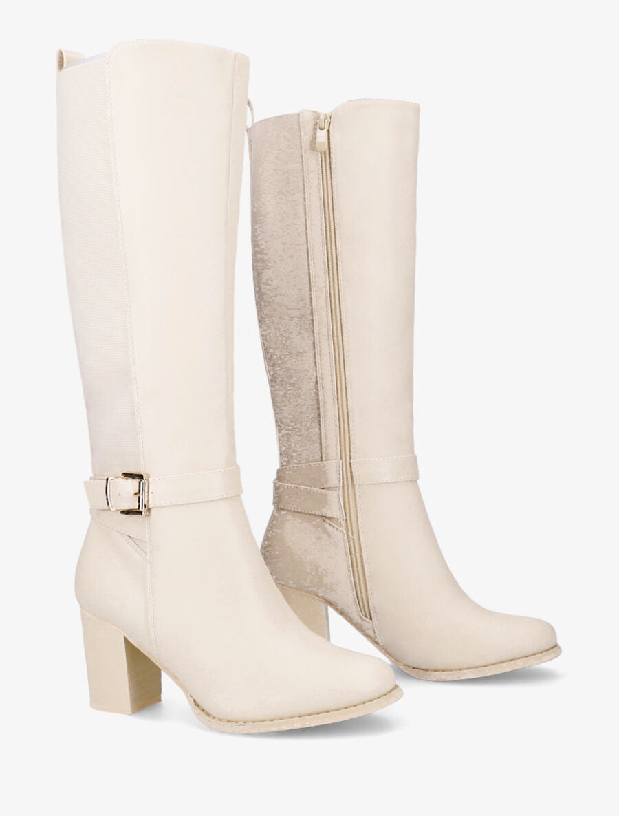 Bottes élastiquées à talon et boucle - Beige - 4