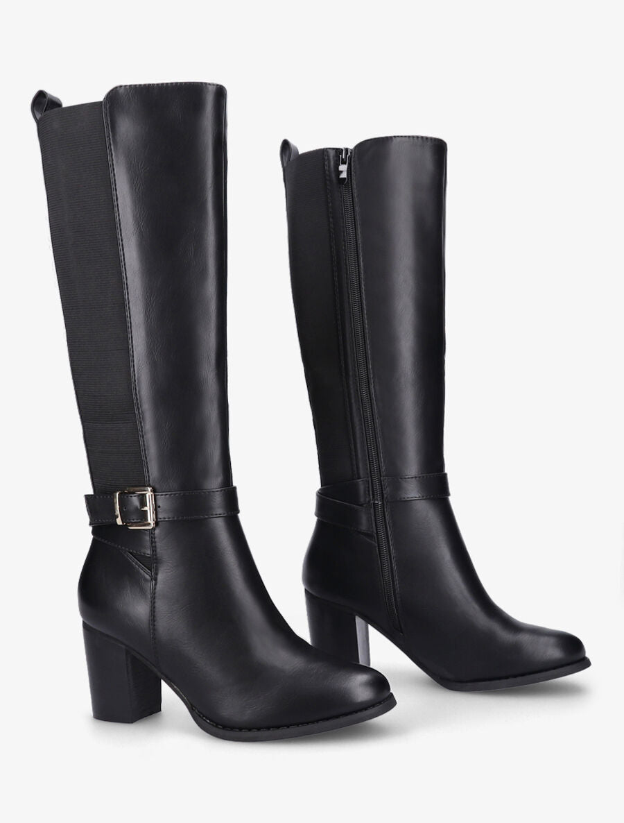 Bottes élastiquées à talon et boucle - Noir - 4