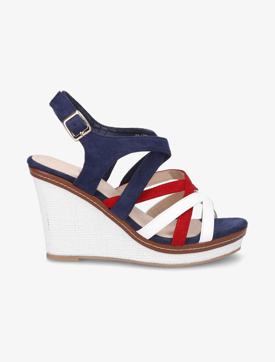 Sandales compensées en suédine et simili - Marine - 6