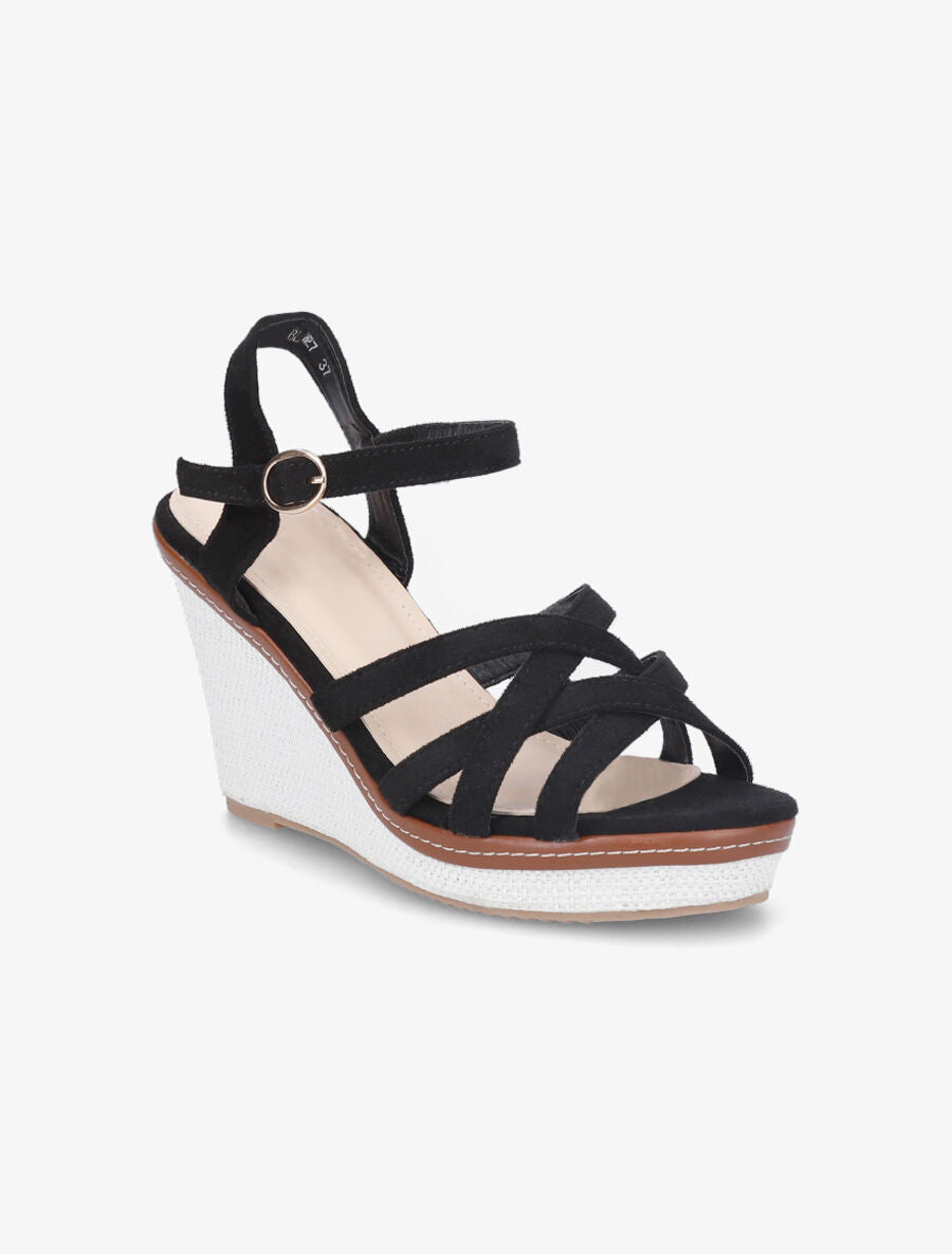 Sandales compensées brides entrelacées en suédine - Noir - 2