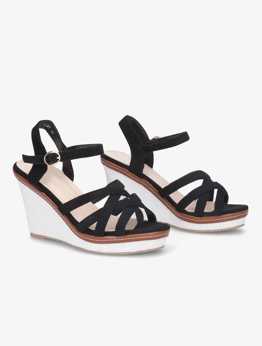 Sandales compensées brides entrelacées en suédine - Noir - 4