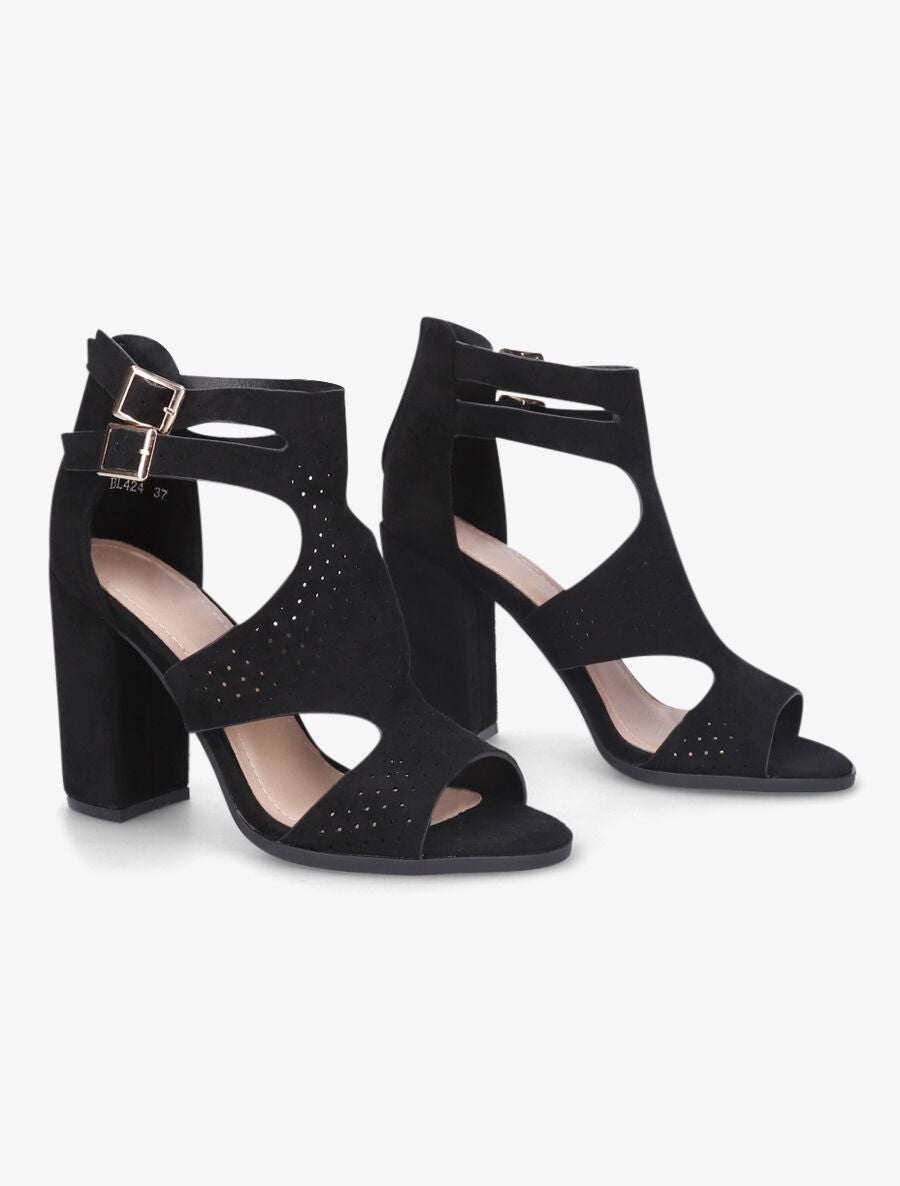 Sandales à talon haut en suédine perforée - Noir - 4