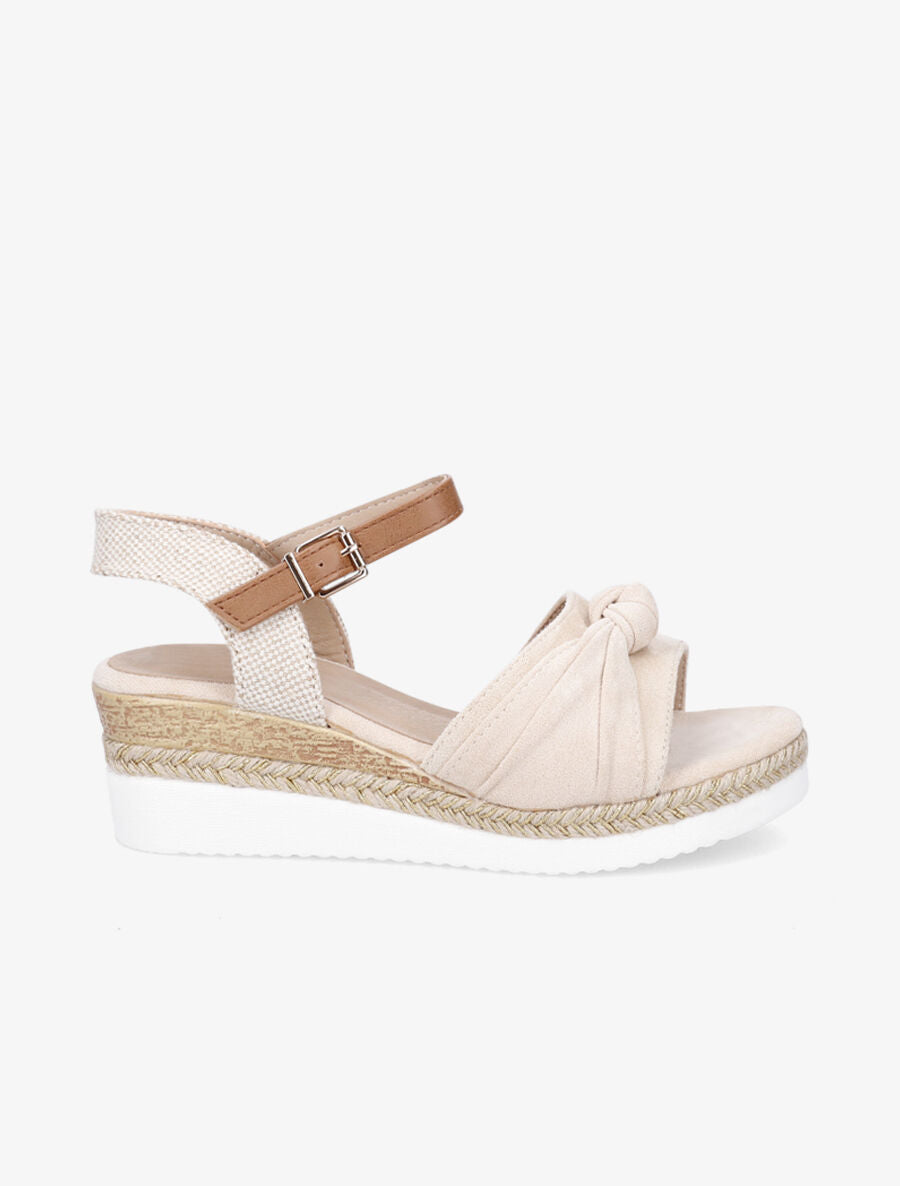 Sandales à noeud et talon compensé tressé - Beige - 1