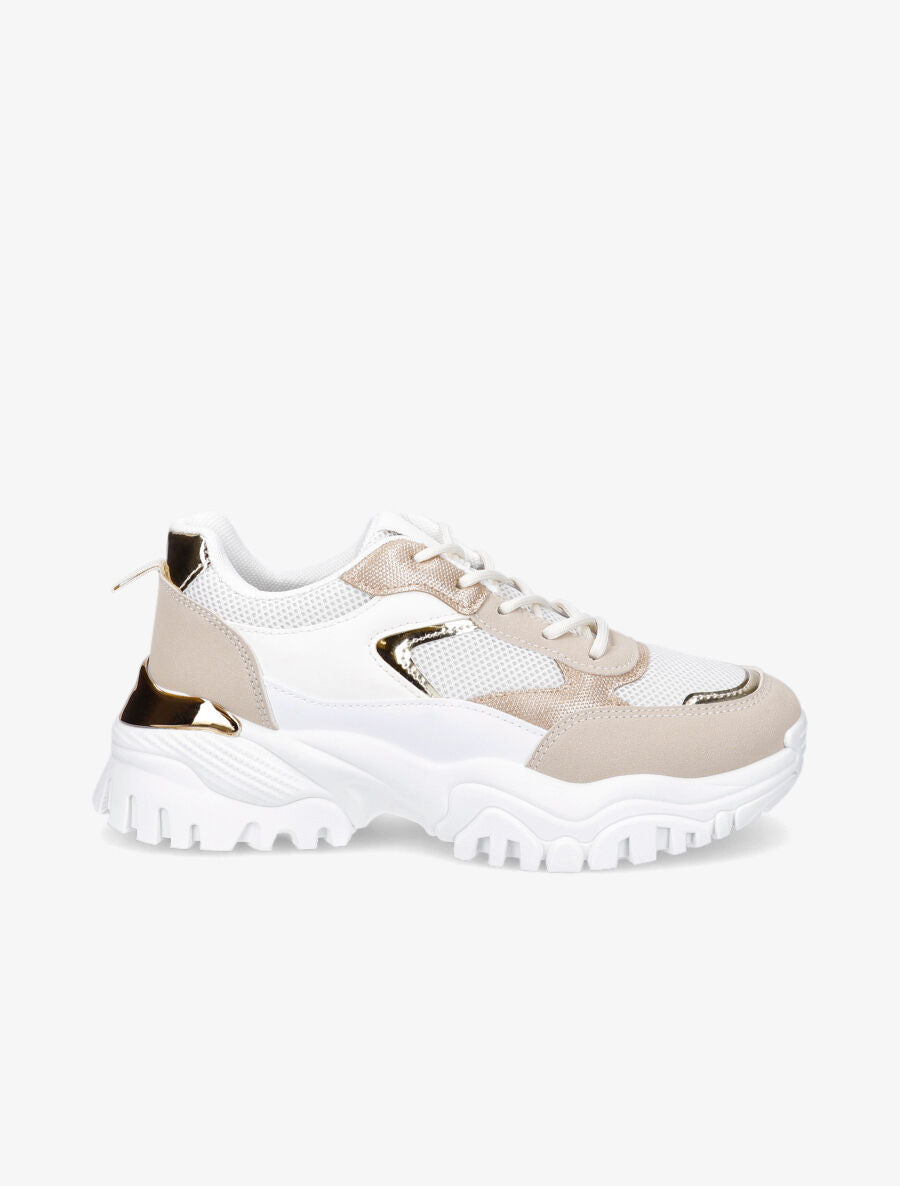 Sneakers à contrefort contrastant et détail métallique - Beige - 1