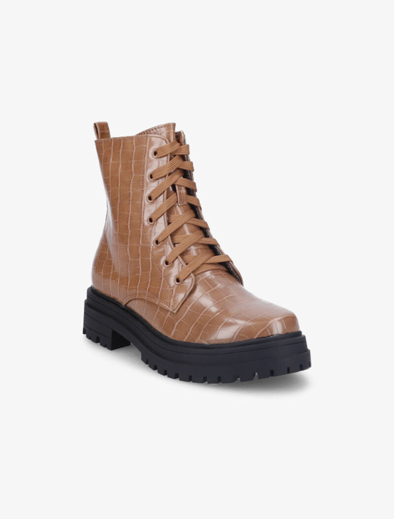 Bottines à lacets effet croco - Camel - 3