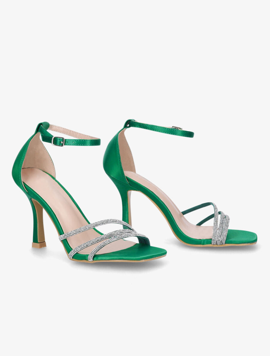 Sandales satinées à talon aiguille et strass - Vert - 4