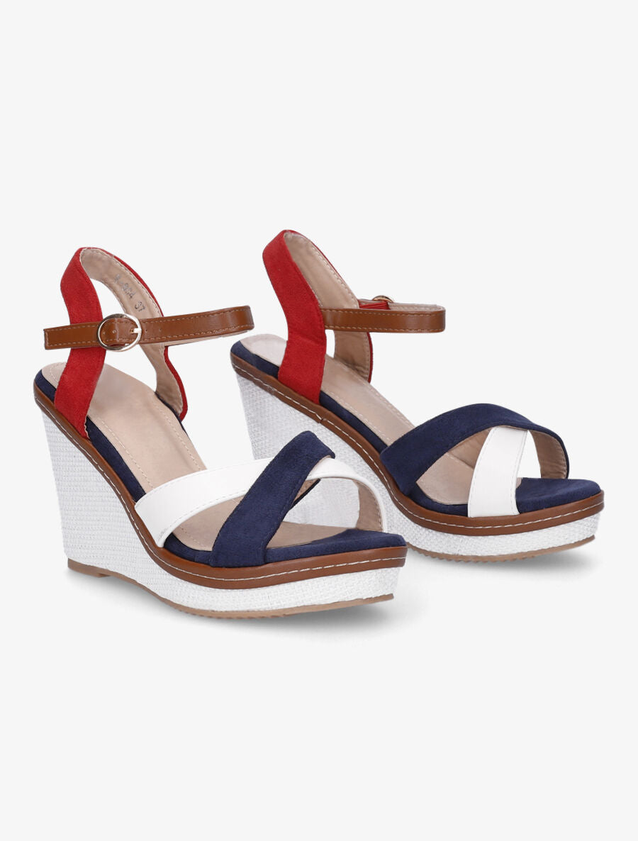 Sandales compensées croisées bi-matière - Marine/rouge - 4