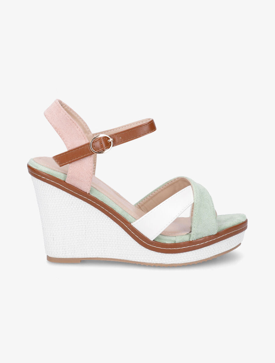 Sandales compensées croisées bi-matière - Vert/rose - 1