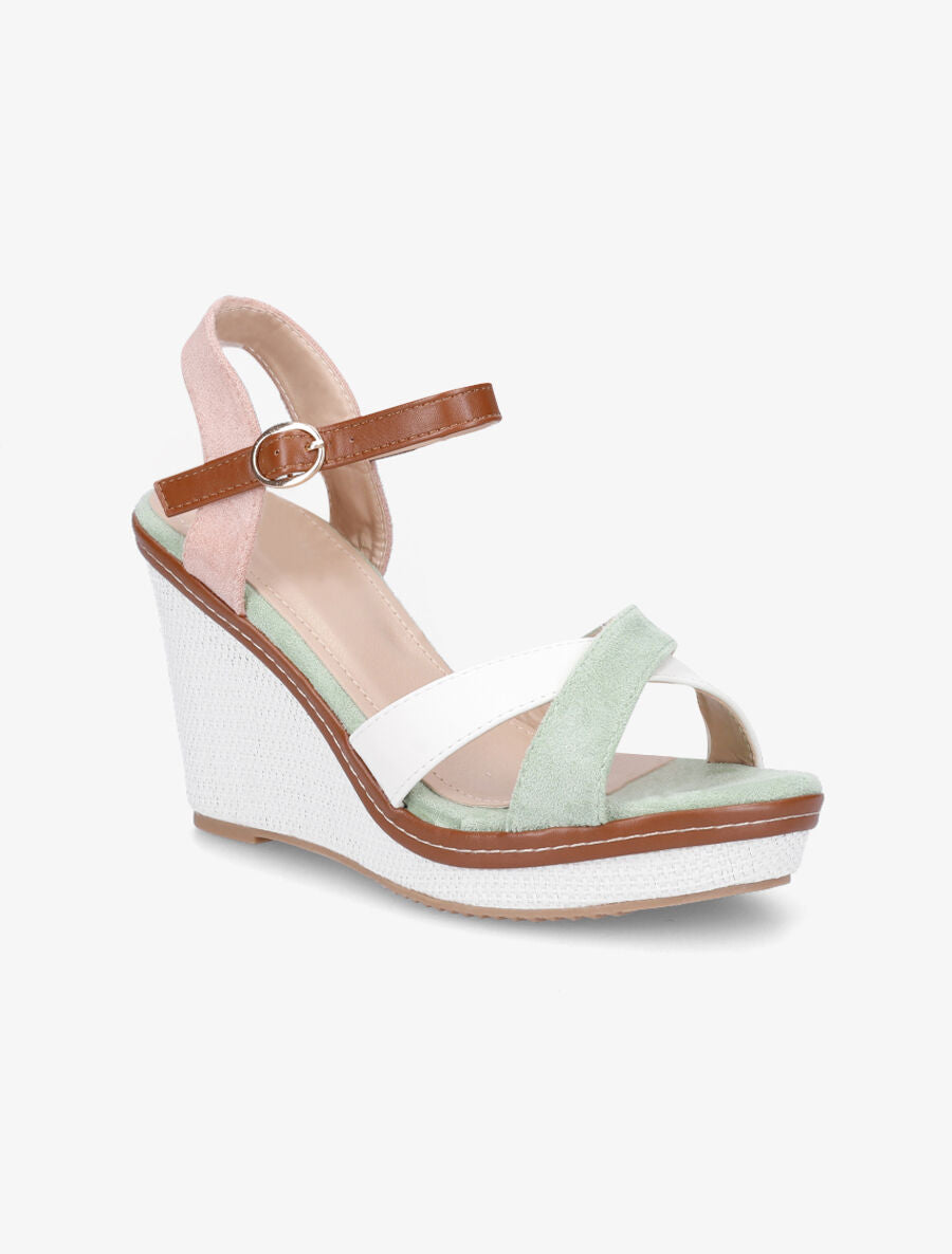 Sandales compensées croisées bi-matière - Vert/rose - 2