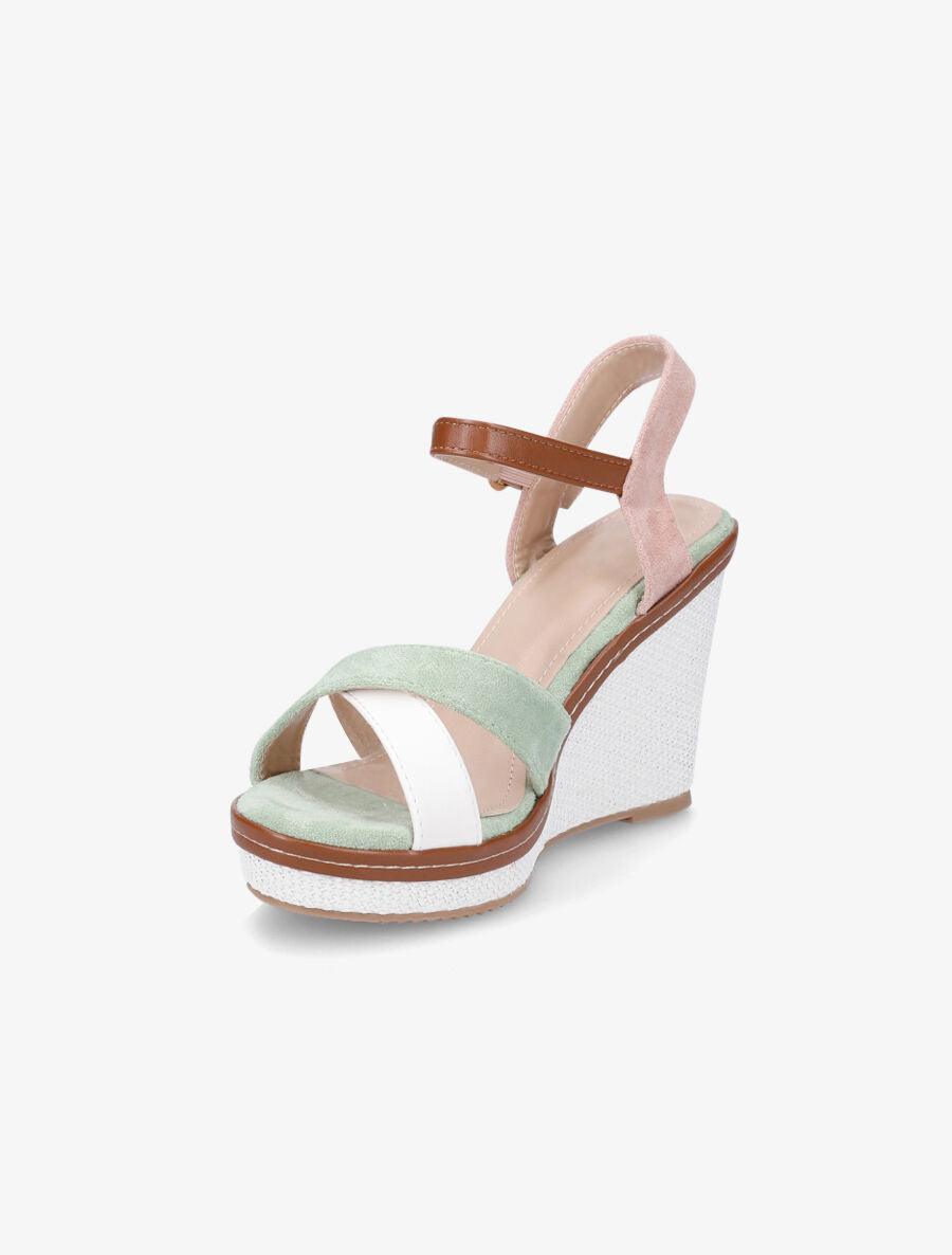 Sandales compensées croisées bi-matière - Vert/rose - 3