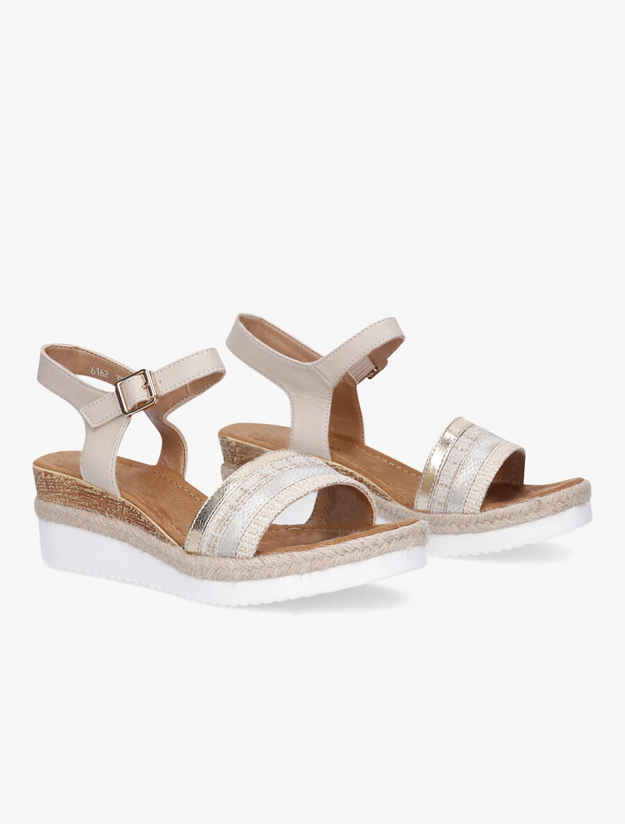 Sandales compensées à ganses rayées - Beige - 4