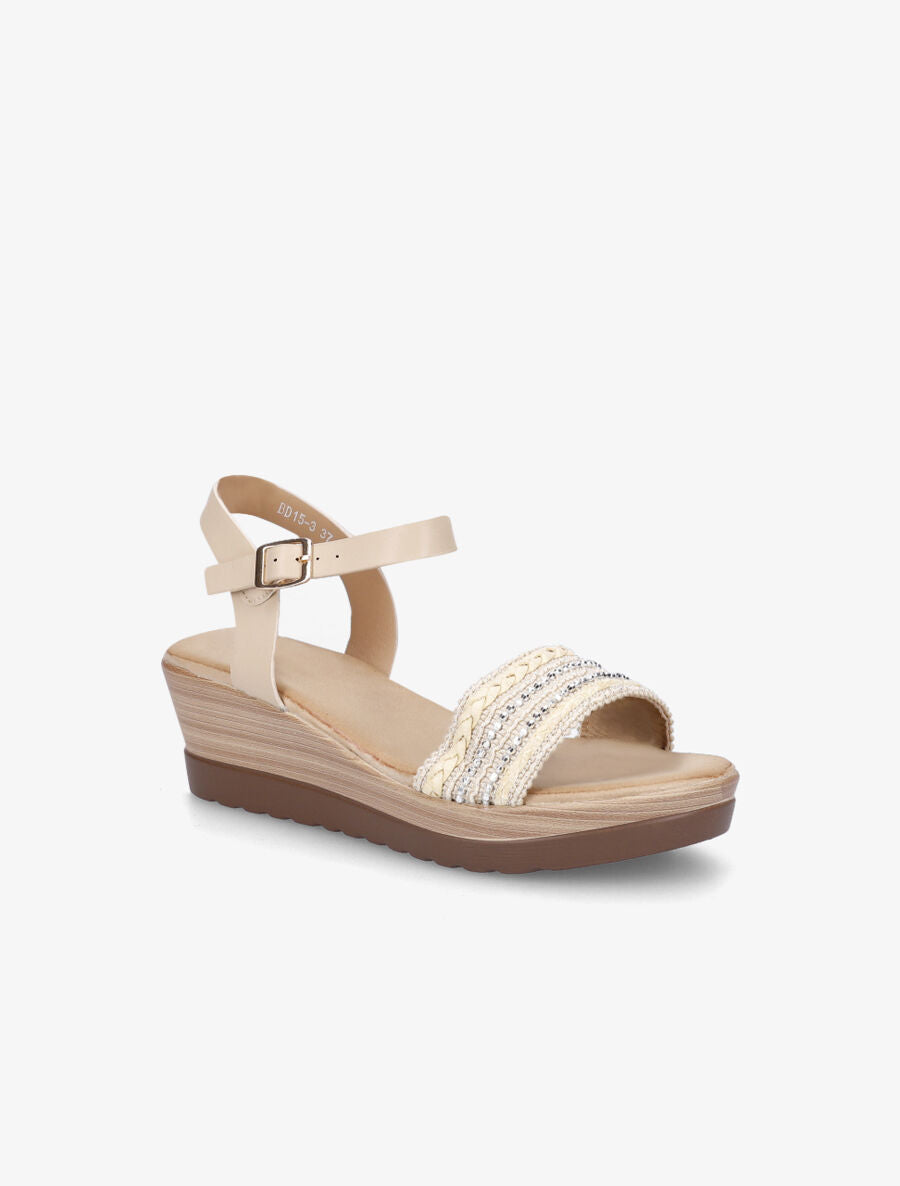 Sandales compensées bride à perles - Beige - 2