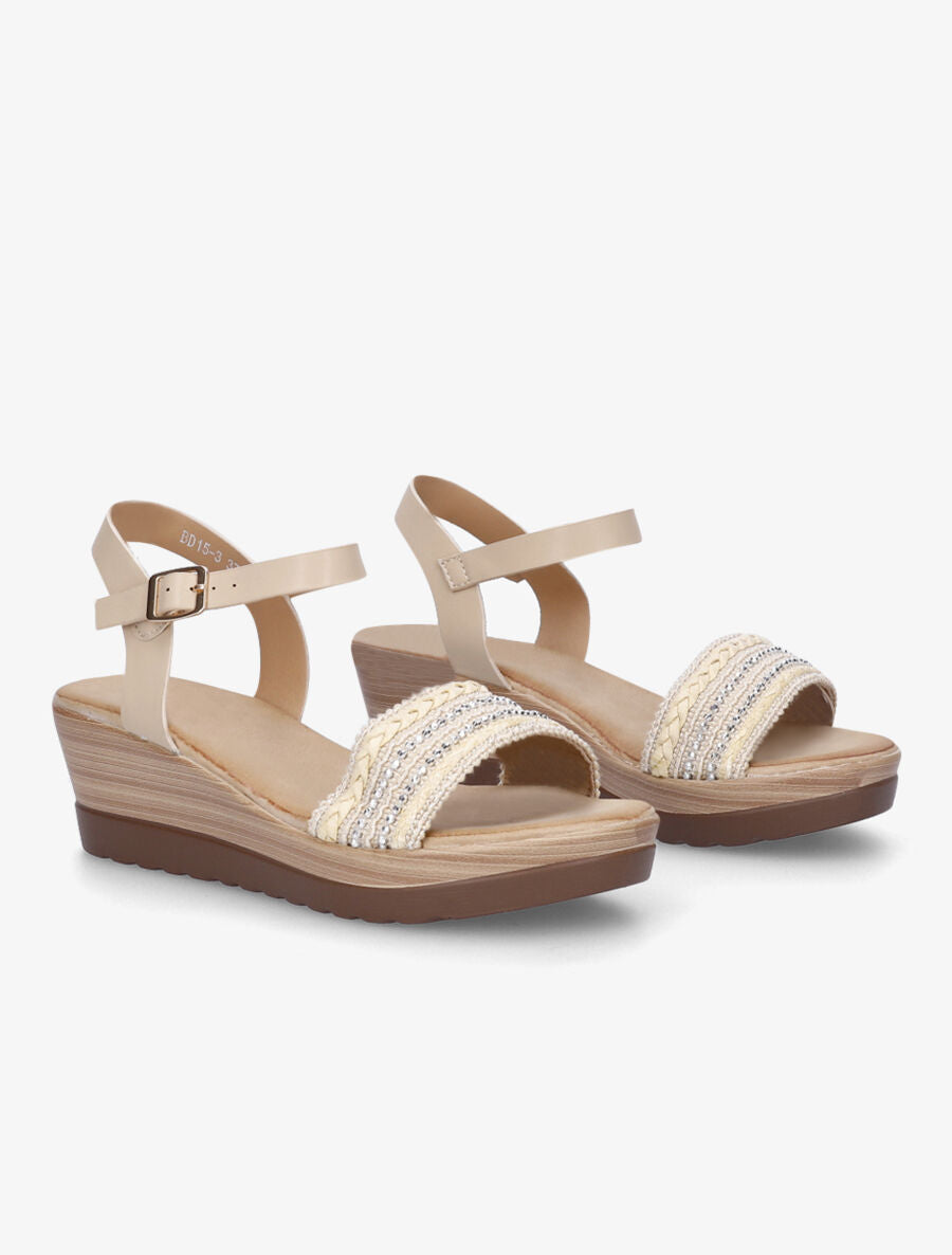 Sandales compensées bride à perles - Beige - 4