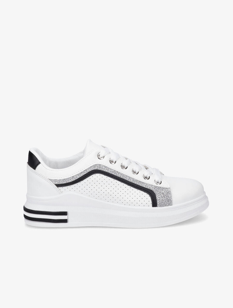 Sneakers en simili perforés à bandes pailletées - Noir - 1