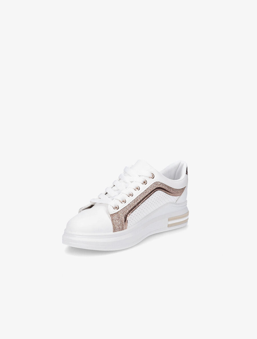 Sneakers en simili perforés à bandes pailletées - Rose gold - 3