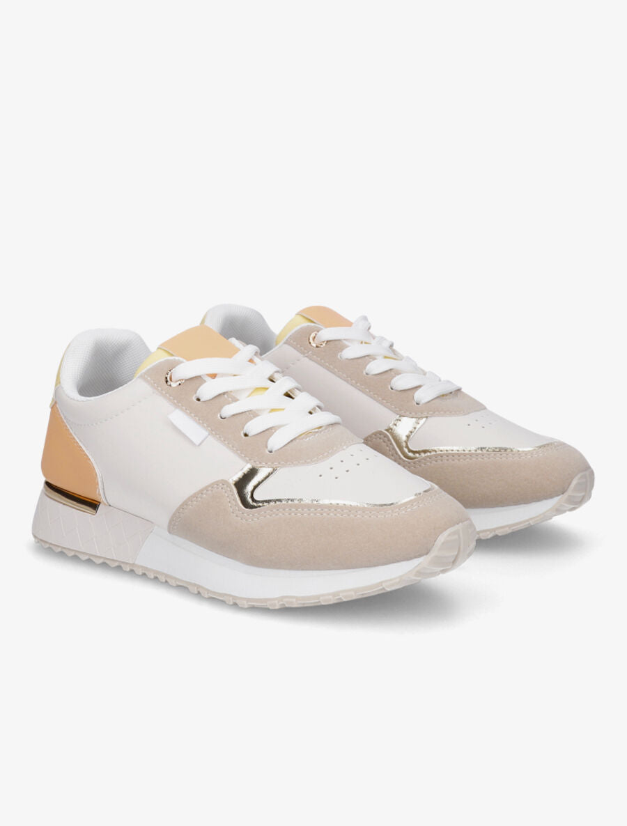 Sneakers en simili à détail métallique - Beige - 4