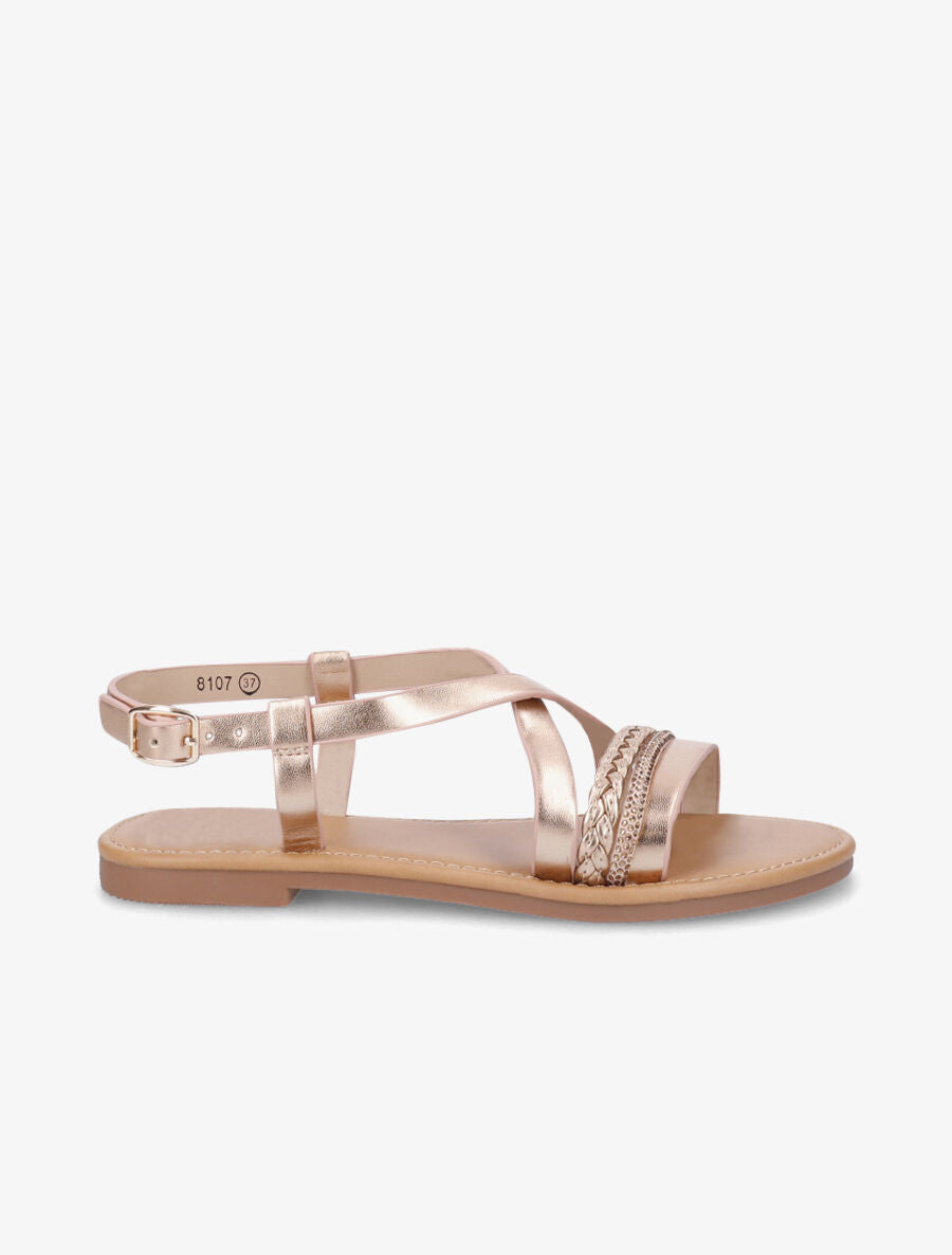Nu-pieds en simili à bride tressée et strass - Rose gold - 1