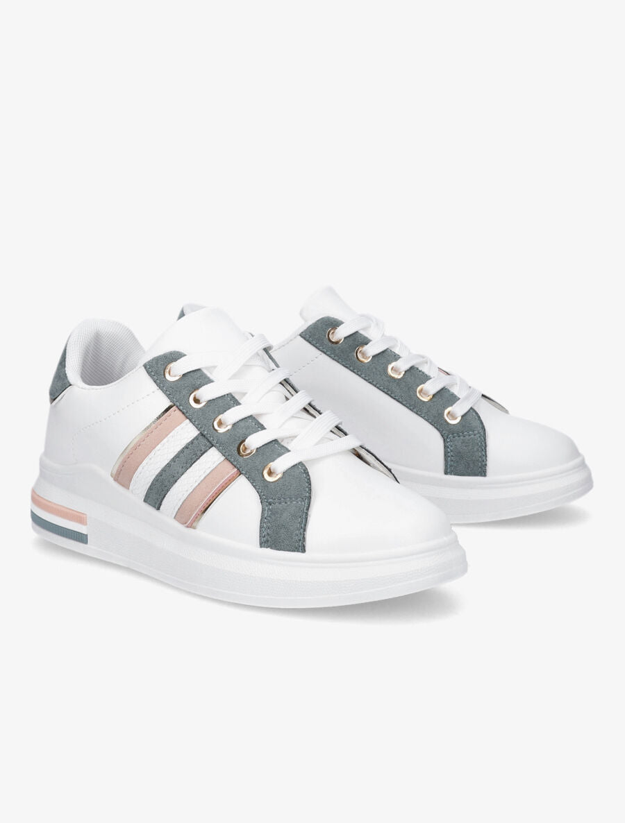 Sneakers en simili et suédine à bandes irisées - Vert sapin - 4