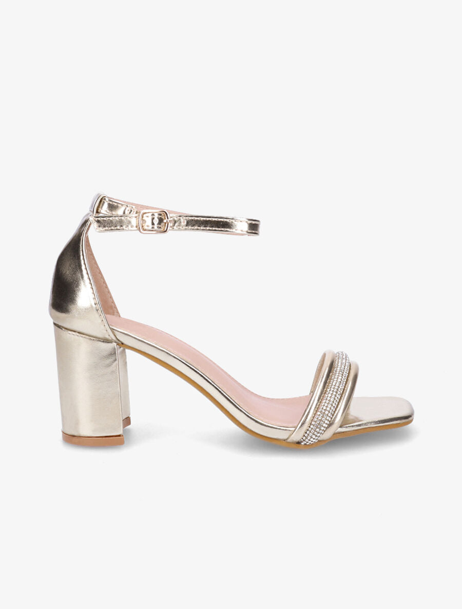 Sandales en simili à talon et brides avec strass - Or - 5