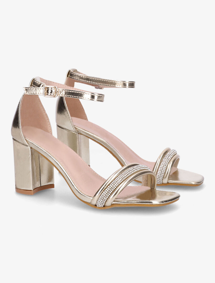 Sandales en simili à talon et brides avec strass - Or - 4