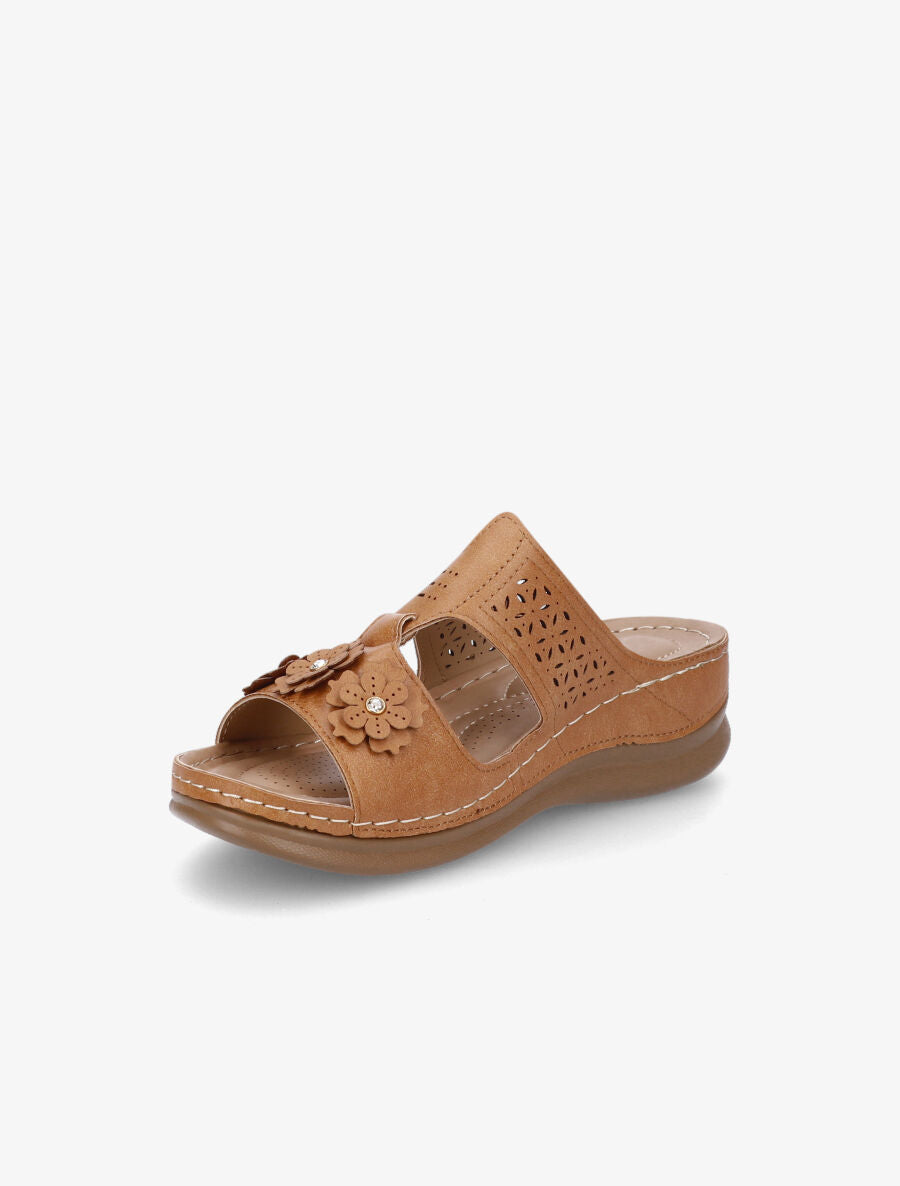 Mules compensées à fleurs - Camel - 3