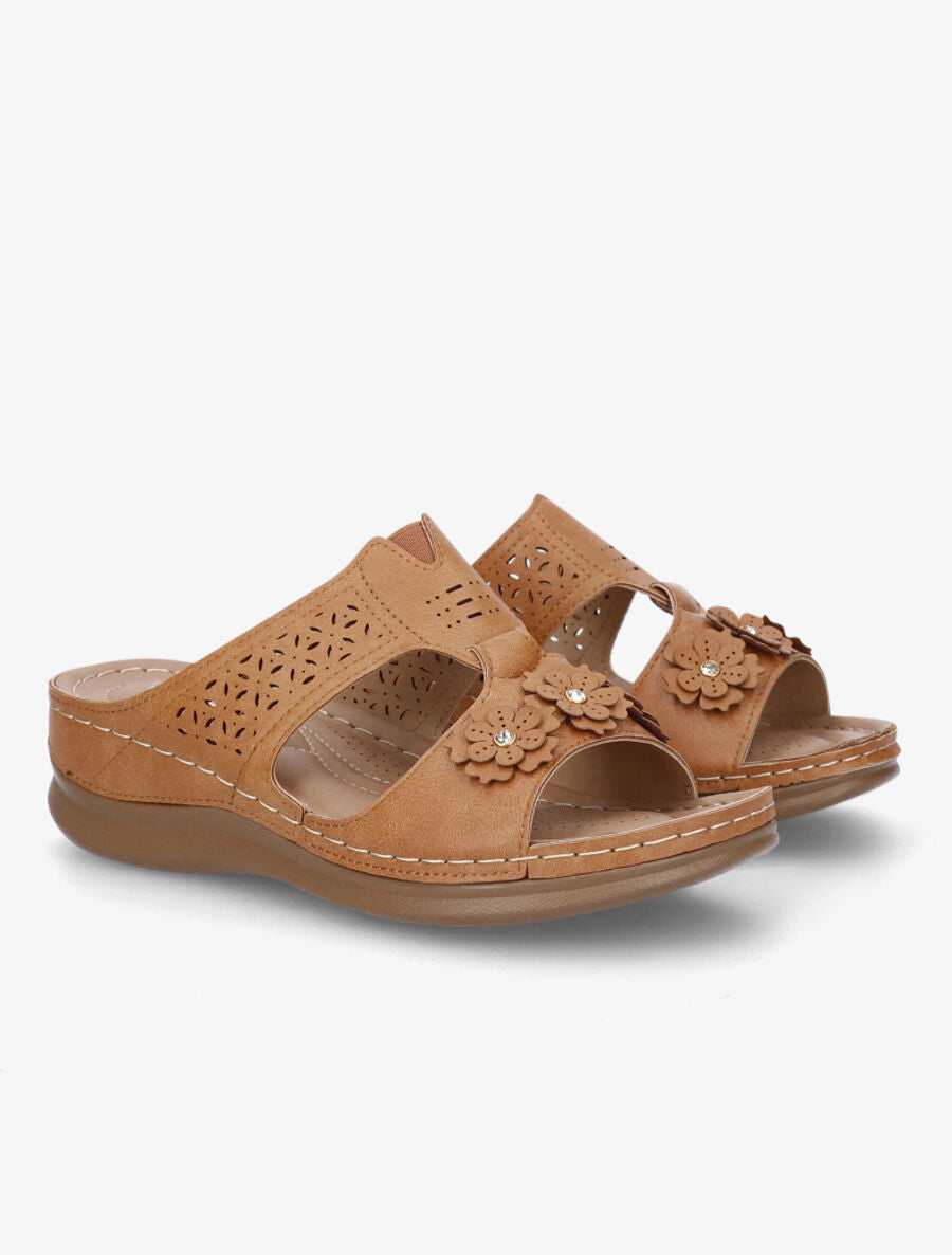 Mules compensées à fleurs - Camel - 4