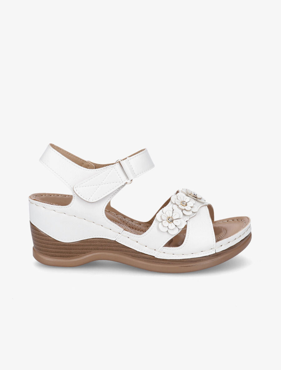 Sandales compensées à fleurs et strass - Blanc - 5