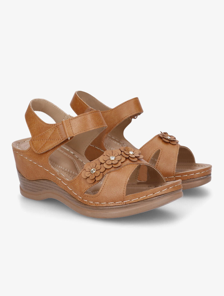 Sandales compensées à fleurs et strass - Camel - 4