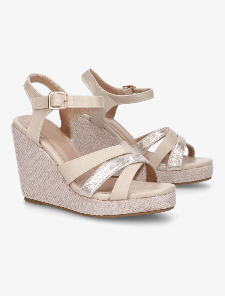 Sandales bi-matière à talon compensé - Beige - 4