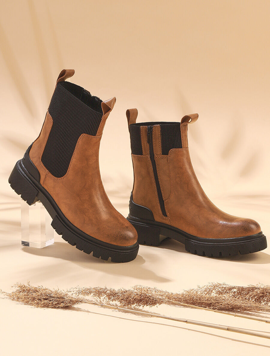 Boots élastiquées en simili - Camel - 5