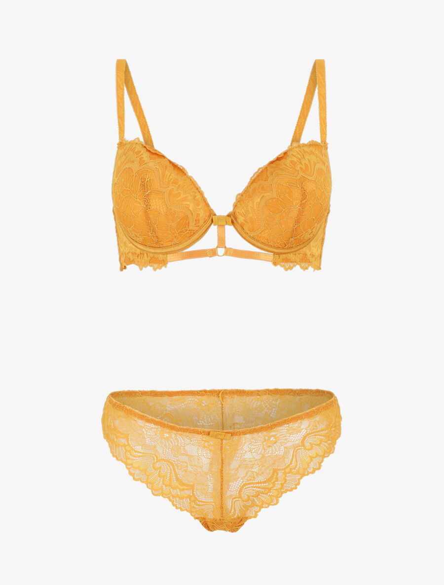 Ensemble soutien-gorge push up et shorty en dentelle - Moutarde - 4